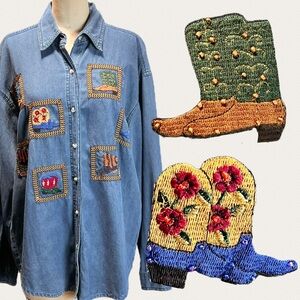 VINTAGE cowboy boots western denim jean button down shirt cotton embroidered 90s
